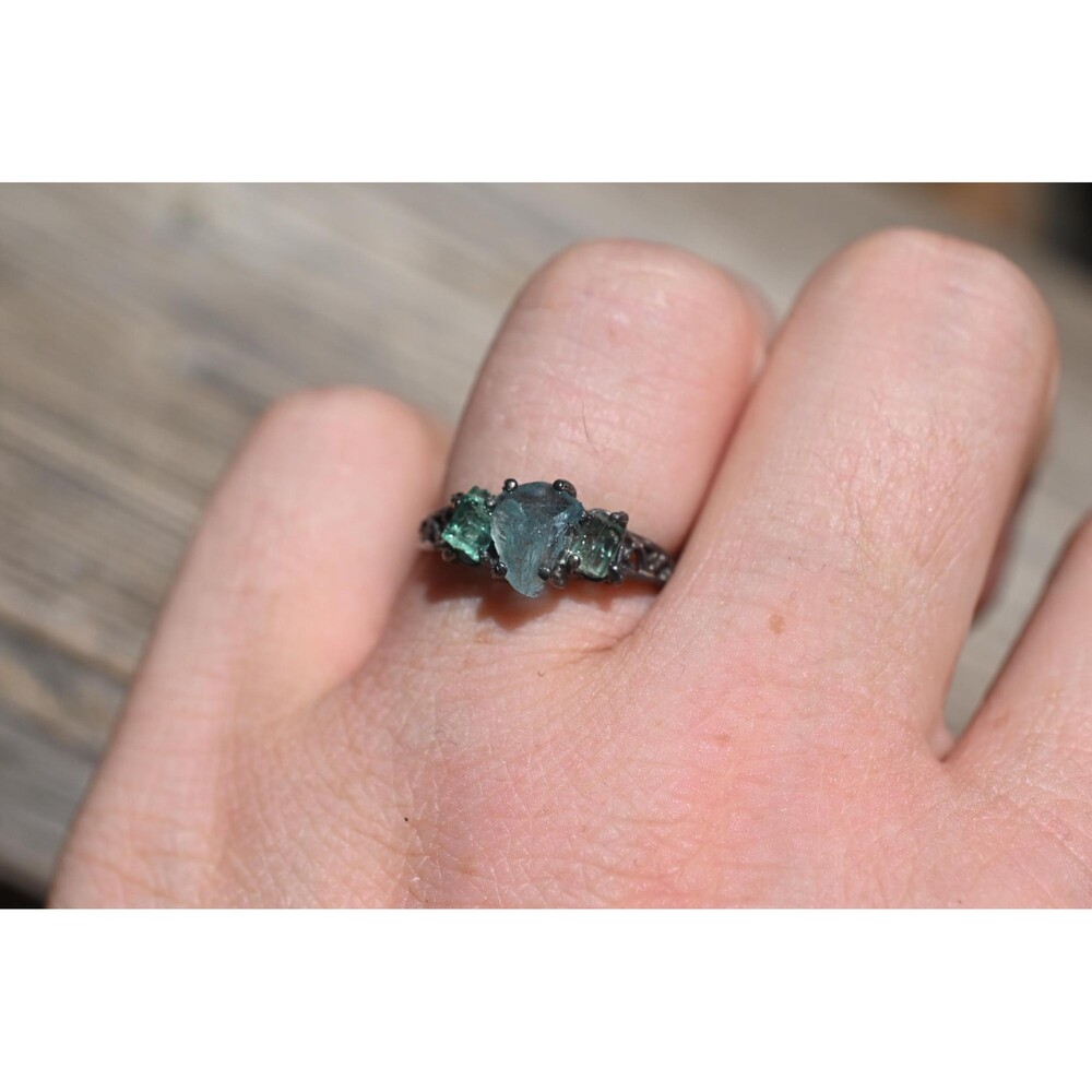 Natural Emerald Ring Raw aquamarine Engagement Ring Rough Emerald and aquamarine